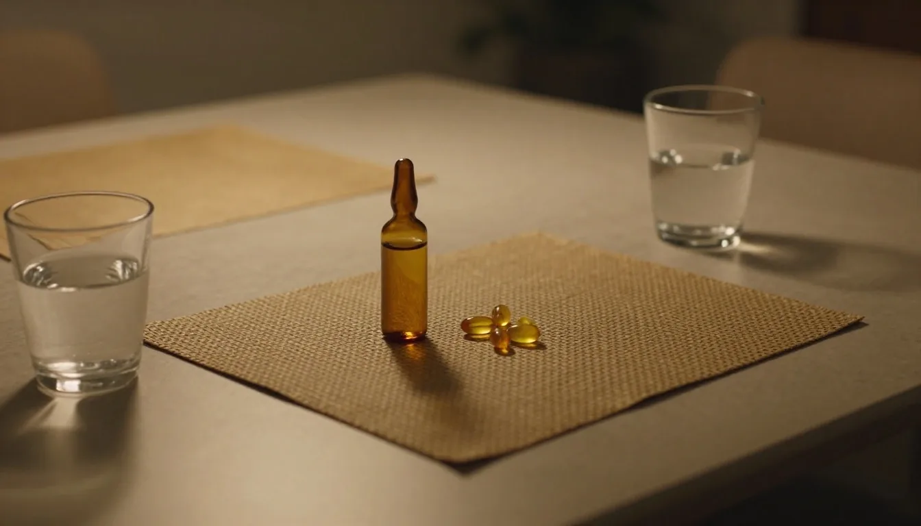 A perforated paper sheet of cells on a teak table beside a sealed supplement vial and loose capsules