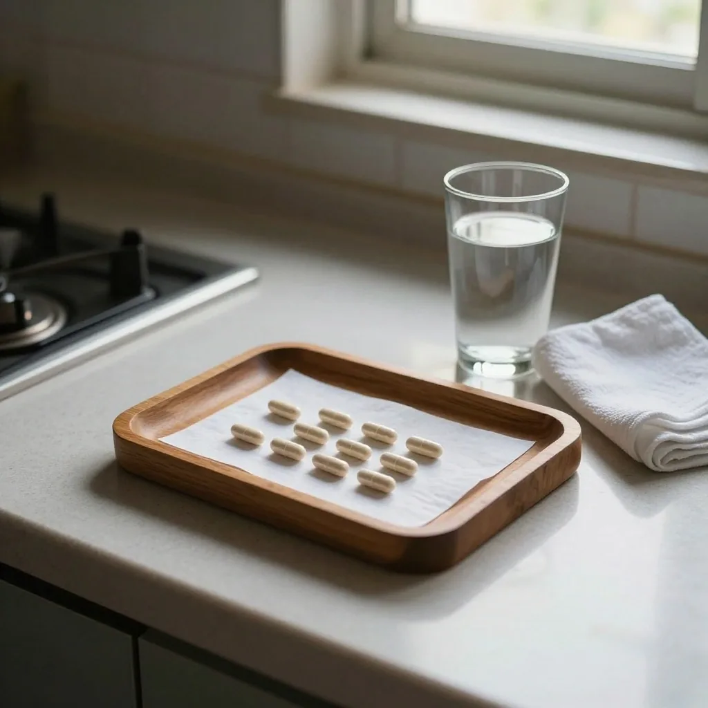 Supplement capsules arranged in a row of paper cells on a teak table beside tweezers