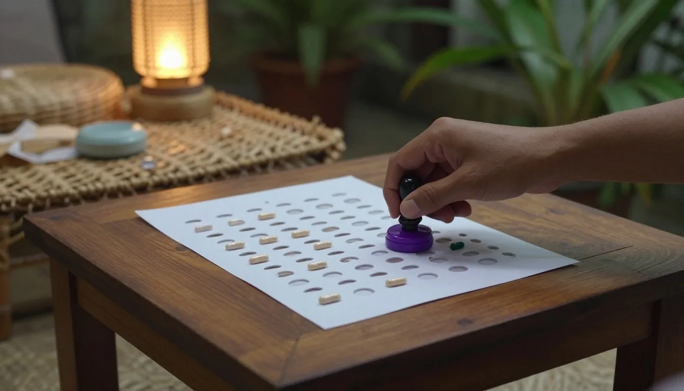 A hand pressing a violet stamp onto a perforated paper cell holding supplement capsules